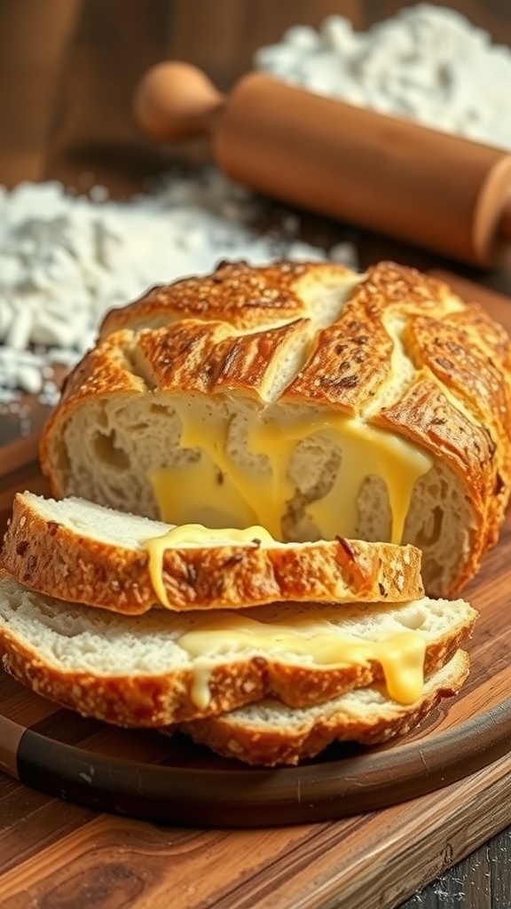 A golden crusted loaf of cheesy sourdough bread on a cutting board, with melted cheese visible in the slices.